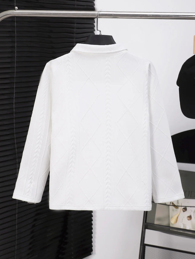 Girl's white twisted flower knitted polo shirt with long sleeved textured collar top, for gifting and going out.