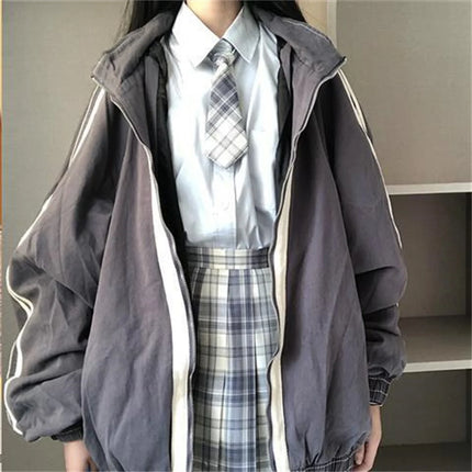 Spring Autumn Women Preppy Jackets Student Baggy Stand Collar Zipper Coats All-match Baseball Tooling Patchwork Outwear Casual