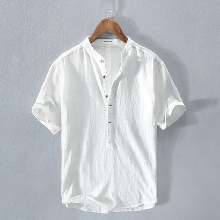 Loose Oversized Cotton Linen Short-sleeved Men's T-shirt with Buckled Collar, Half-open Shirt, Korean Fashion Men's Clothing 2020 New