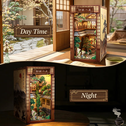 CUTEBEE Book Nook Kit Wooden Doll House 3D Puzzle DIY Miniature House Model with LED Light for Japanese Serene Courtyard