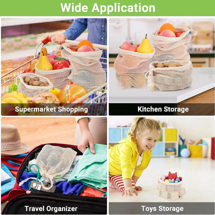 Weedi 3/6pack Reusable Cotton Mesh Produce Bags, Washable Grocery Bag Kitchen Fruit Vegetable Storage Bags Kitchen Organizer
