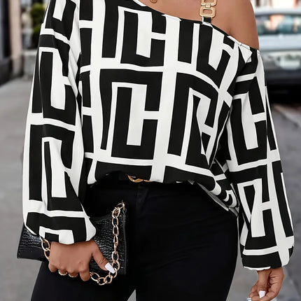 plus Size Fashion Geometric Print Top Metal Ring Buckle One Shoulder Design Long Sleeve Women's Shirt