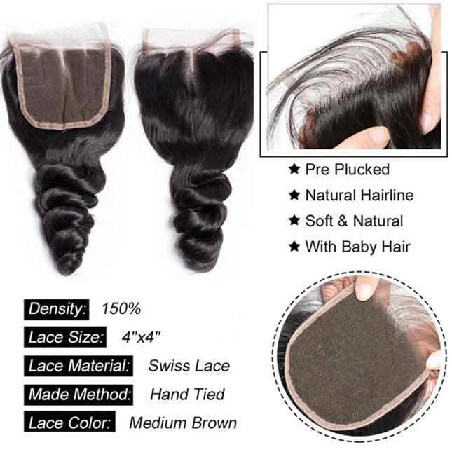 Lace Closure Only 4x4 Water Wave Closure 15A Human Hair Brazilian Lace Closure Deep Curly Straight Body Loose Wave Closure Only