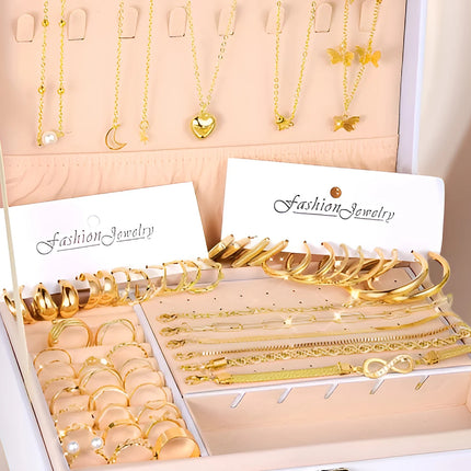 58PCS Set Maximum Mix Gold Plated Metal Jewelry Set Necklace Hoop Earrings Rings Bracelets for Women Accessories No Box Included