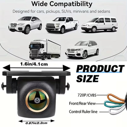 720P AHD Car Backup Camera with Wide-Angle Fisheye Lens-Night Vision, Front/Rear/Side Monitoring, Easy Installation