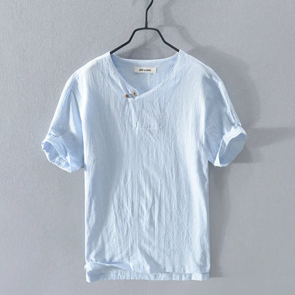 Loose Oversized Cotton Linen Short-sleeved Men's T-shirt with Buckled Collar, Half-open Shirt, Korean Fashion Men's Clothing 2020 New