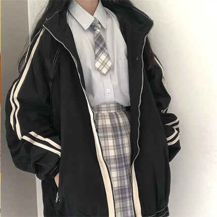 Spring Autumn Women Preppy Jackets Student Baggy Stand Collar Zipper Coats All-match Baseball Tooling Patchwork Outwear Casual