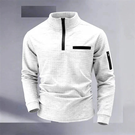 Men's Golf Shirt for Spring and Autumn: High-neck, plaid, sleeve pockets, zipper, stylish sporty long-sleeved polo shirt