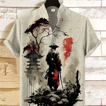Men's Samurai Hawaiian Shirt Casual Short Sleeve Top Loose Clothing Fashion Retro Summer Shirt
