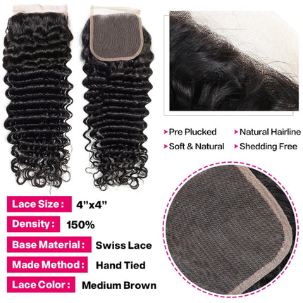 Lace Closure Only 4x4 Water Wave Closure 15A Human Hair Brazilian Lace Closure Deep Curly Straight Body Loose Wave Closure Only