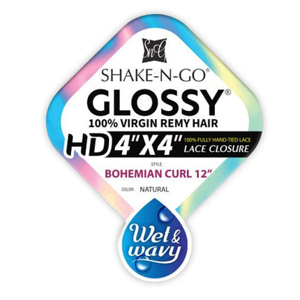 Shake-N-Go Virgin Remy Hair HD Lace Closure Glossy Wet N Wavy 4X4 Bohemian 12", Human Hair