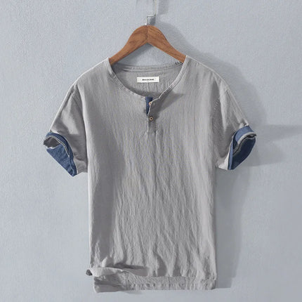 Loose Oversized Cotton Linen Short-sleeved Men's T-shirt with Buckled Collar, Half-open Shirt, Korean Fashion Men's Clothing 2020 New
