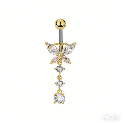 G23titan Crystal Zircon Butterfly Dangle Belly Button Ring Titanium or Steel Bar Navel Piercing Jewelry Women Body Accessories