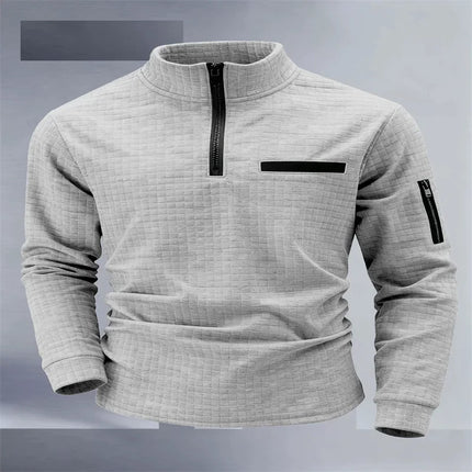 Men's Golf Shirt for Spring and Autumn: High-neck, plaid, sleeve pockets, zipper, stylish sporty long-sleeved polo shirt