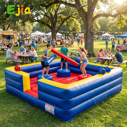 Inflatable Gladiator Joust Arena Game Set - 13x13ft 4 Person Joust Arena with 4 Jousting Sticks & Helmets, Commercial Grade PVC Inflatable Jousting Ring for Party, School & Team Building Events