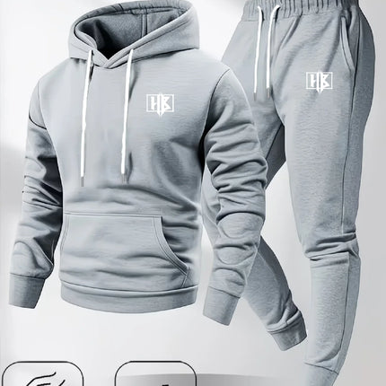 Men's Fashion Print Hooded Sweatshirt Set Autumn Winter Casual Loose Wide Fit Sportswear with Pockets Comfortable Fleece Top
