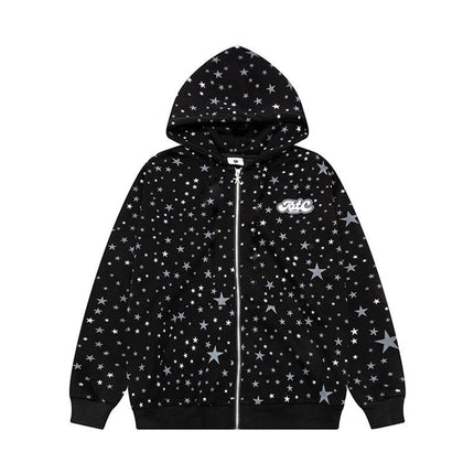 Ins Fashion Women's Full Print Star Zipper Hoodie Sweatshirt Japanese Streetwear Casual Long Sleeve Pullover for Autumn Winter