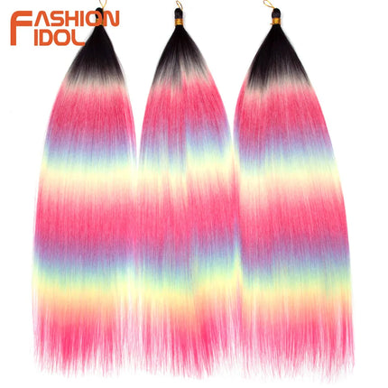 FASHION IDOL 28inch/3PCS Ariel Straight Hair Bundles Crochet Hair Synthetic Braiding Hair Ombre Rainbow Braids Hair Extensions
