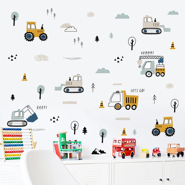 Cartoon Cute Urban Build Car Watercolor Nursery Stickers Removable Wall Decals Art Print Kids Boys Room Interior Home Decor