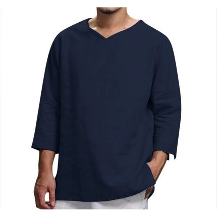 Loose Oversized Cotton Linen Short-sleeved Men's T-shirt Collar Buckle Half-open Shirt Korean Fashion Men Clothing New 2020