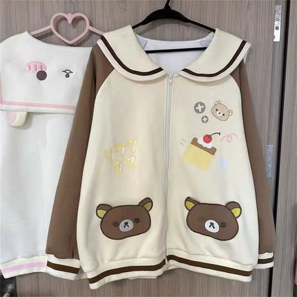 Spring Japanese Cute Cartoon Punk Sailor Collar Patchwork Sweatshirt Women Autumn Winter Loose Long Sleeve Tops Kawaii Hoodie