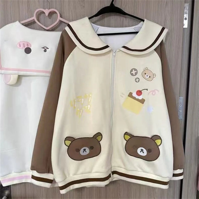 Spring Japanese Cute Cartoon Punk Sailor Collar Patchwork Sweatshirt Women Autumn Winter Loose Long Sleeve Tops Kawaii Hoodie