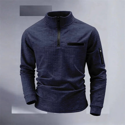 Men's Golf Shirt for Spring and Autumn: High-neck, plaid, sleeve pockets, zipper, stylish sporty long-sleeved polo shirt