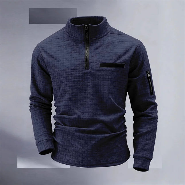 Men's Golf Shirt for Spring and Autumn: High-neck, plaid, sleeve pockets, zipper, stylish sporty long-sleeved polo shirt