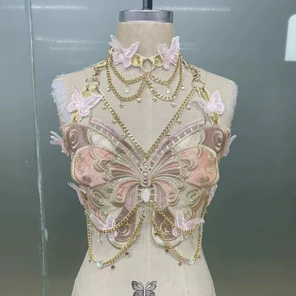Women's Butterfly Embroidered Top Crystal Chain Sleeveless Cropped Top Camisole Backless Adjustable Sexy Beach Holiday Y2K Top