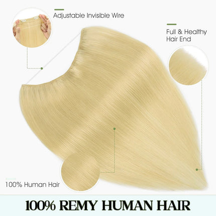 20 inch 100g Blond Halo Hair Extensions 100% Human Hair with Invisible Transparent Wire Adjustable Size Secure Clip on Hairpiece