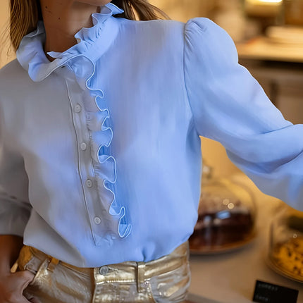 Plus-size Women's Fresh Versatile Office Light Blue Top, Puff Sleeves, Five-button, Ruffled Trim, Crew Neck.