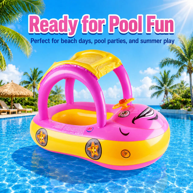 1PC Float with Canopy, Summer Steering Wheel Sunshade Swim Ring Car, Inflatable Toys Infants Float Seat Boat for Toddlers