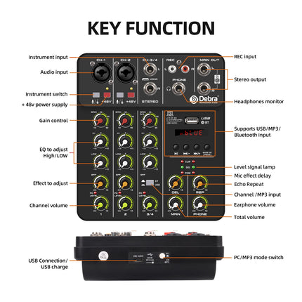 Debra NEW V4 Audio Mixing Console Bluetooth USB Record PC 48V Phantom Power Delay Repaeat Effect 4 Channels USB Audio Mixer.