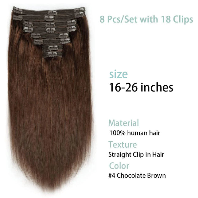 Brown Clip-In Hair Extensions, Real Human Hair, Brazilian, for Women, Straight Hair, 8 Pieces, 120 Grams, Remy Human Hair, Thick, Silky, Soft