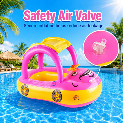 1PC Float with Canopy, Summer Steering Wheel Sunshade Swim Ring Car, Inflatable Toys Infants Float Seat Boat for Toddlers