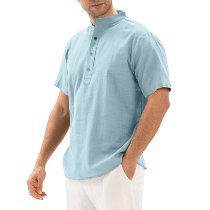 Loose Oversized Cotton Linen Short-sleeved Men's T-shirt with Buckled Collar, Half-open Shirt, Korean Fashion Men's Clothing 2020 New