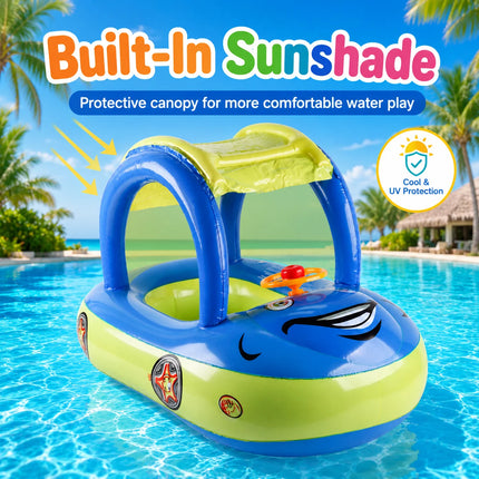 1PC Float with Canopy, Summer Steering Wheel Sunshade Swim Ring Car, Inflatable Toys Infants Float Seat Boat for Toddlers