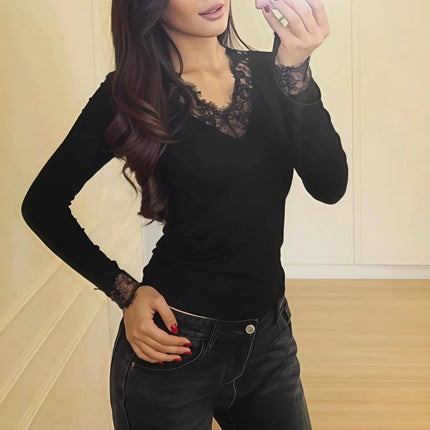 Women's Solid Lace Splicing Tee Soft Slim V Neck Sexy Long Sleeve T-shirts Commuting Fashionable Casual Spring Autumn Simple Tops