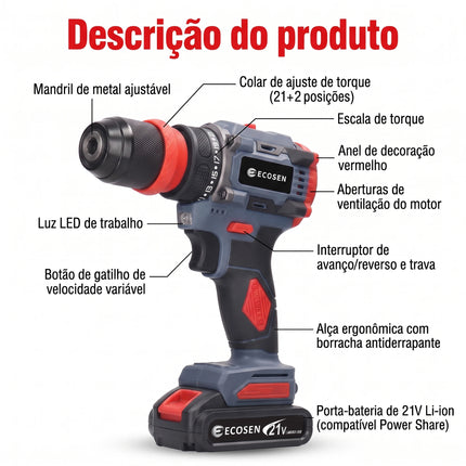 Furadeira Parafusadeira Brushless 21V 85N.m Com 2 Baterias, Kit Completo Com Acessórios E Carregador Bivolt