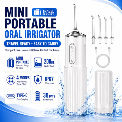 Portable Mini Water Flosser Foldable Travel Oral Irrigator For Kids Adults 4 Level Adjustment 200ml USB C IPX7 Cordless