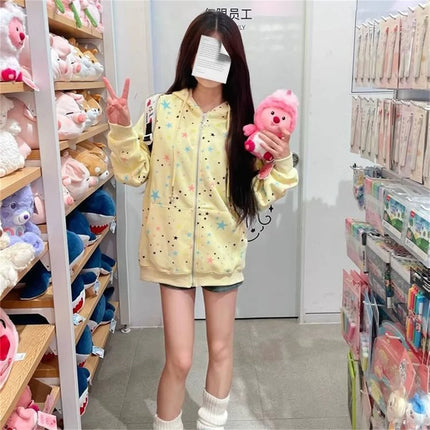 Ins Fashion Women's Full Print Star Zipper Hoodie Sweatshirt Japanese Streetwear Casual Long Sleeve Pullover for Autumn Winter