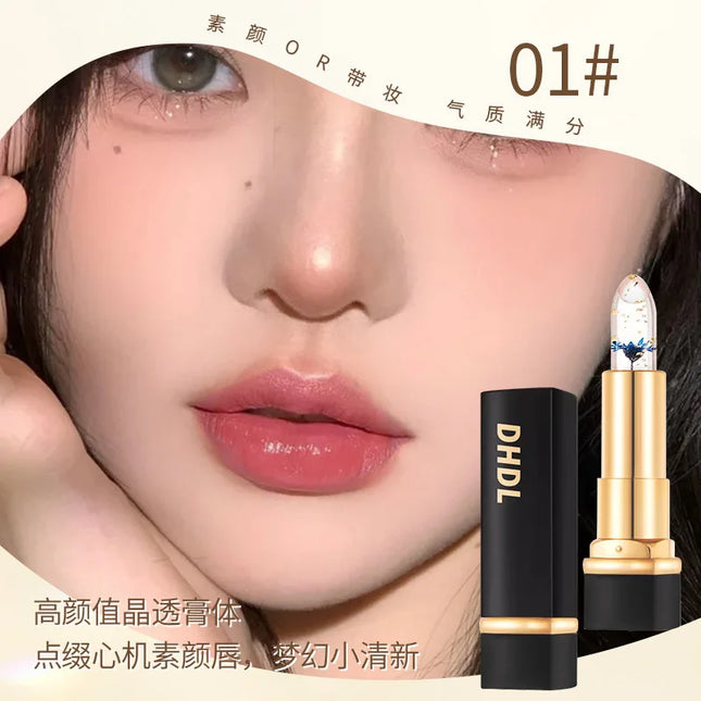 Color Changing Flower Jelly Lipstick Moisturizing Lip Balm with Gold Foil Temperature Sensory Cosmetic Makeup