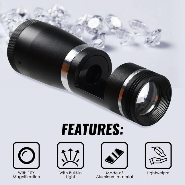 Professional 10x Darkfield Loupe for Gemstone Identification, Triplet Lens with Built-in LED, Compact Aluminum Body,Jewelry Tool