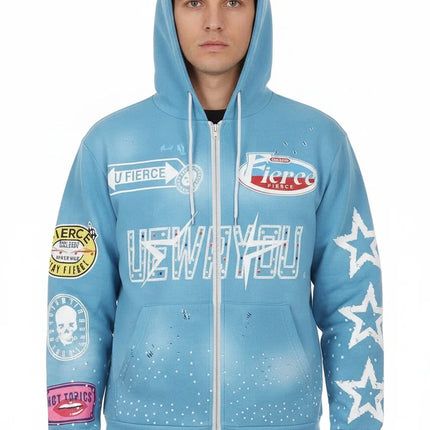 Full-printed Hooded Zipper Sweatshirt with Star Letters Loose and Casual Cardigan for Men
