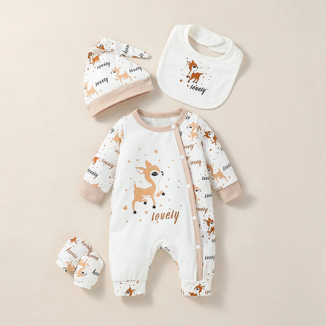 4PCS Baby Unisex Long Sleeve Round Neck Animal Print Button Casual Jumpsuit + Bib + Hat + Gloves