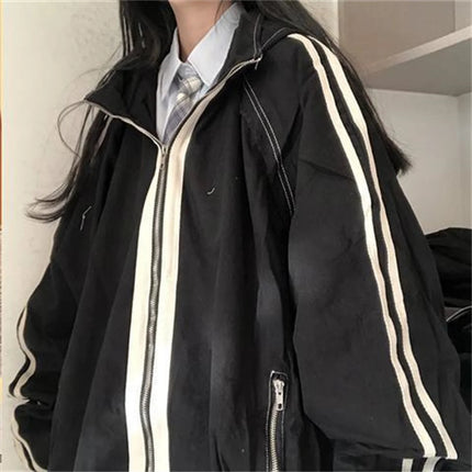 Spring Autumn Women Preppy Jackets Student Baggy Stand Collar Zipper Coats All-match Baseball Tooling Patchwork Outwear Casual