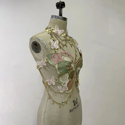 Women's Butterfly Embroidered Top Crystal Chain Sleeveless Cropped Top Camisole Backless Adjustable Sexy Beach Holiday Y2K Top