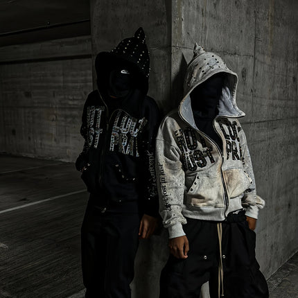 Y2K rhinestone-studded hooded sweatshirt with a NOT JUST LUCK PRAY letter print, perfect for everyday wear.