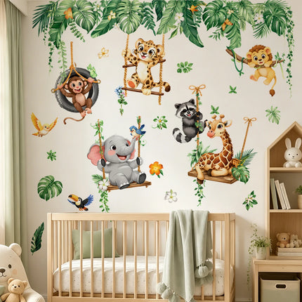 Jungle Animals Wall Stickers for Kids Room, Safari Monkey Giraffe Elephant Lion Wall Decals, Peel and Stick Nursery Wall Decor