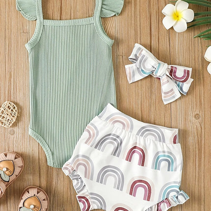 Summer Newborn Baby Girl Clothes Set  Sleeveless  Bodysuit  Printed Shorts  3pcs Clothing Suit Baby Girl Clothes